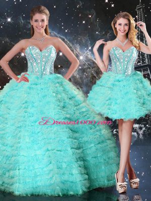 Turquoise Lace Up Ball Gown Prom Dress Beading and Ruffled Layers Sleeveless Floor Length