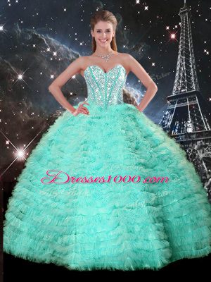 Turquoise Lace Up Ball Gown Prom Dress Beading and Ruffled Layers Sleeveless Floor Length