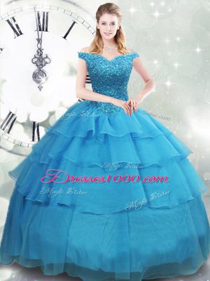 Baby Blue Organza Lace Up Off The Shoulder Sleeveless Sweet 16 Dresses Brush Train Beading and Ruffled Layers