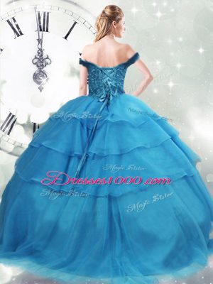 Baby Blue Organza Lace Up Off The Shoulder Sleeveless Sweet 16 Dresses Brush Train Beading and Ruffled Layers
