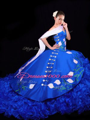 Organza Sweetheart Sleeveless Brush Train Lace Up Embroidery and Ruffles Quinceanera Gowns in Royal Blue