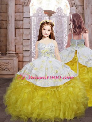 Yellow And White Sleeveless Floor Length Beading and Appliques and Ruffles Lace Up Ball Gown Prom Dress