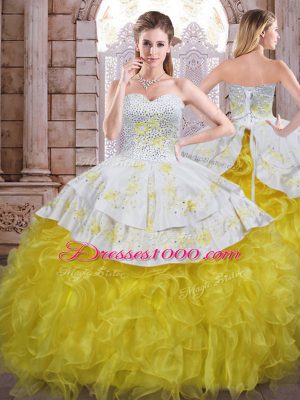 Yellow And White Sleeveless Floor Length Beading and Appliques and Ruffles Lace Up Ball Gown Prom Dress