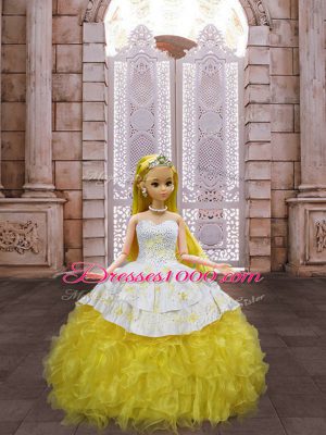 Yellow And White Sleeveless Floor Length Beading and Appliques and Ruffles Lace Up Ball Gown Prom Dress
