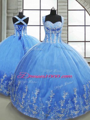 Stunning Baby Blue Lace Up Sweet 16 Quinceanera Dress Beading and Appliques Sleeveless Floor Length