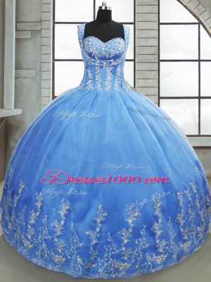 Stunning Baby Blue Lace Up Sweet 16 Quinceanera Dress Beading and Appliques Sleeveless Floor Length