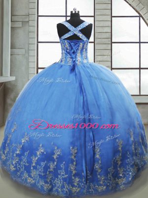 Stunning Baby Blue Lace Up Sweet 16 Quinceanera Dress Beading and Appliques Sleeveless Floor Length