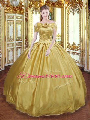 Custom Designed Gold Ball Gowns Off The Shoulder Sleeveless Tulle Floor Length Lace Up Beading and Appliques and Hand Made Flower Sweet 16 Dress