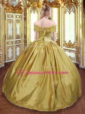 Custom Designed Gold Ball Gowns Off The Shoulder Sleeveless Tulle Floor Length Lace Up Beading and Appliques and Hand Made Flower Sweet 16 Dress