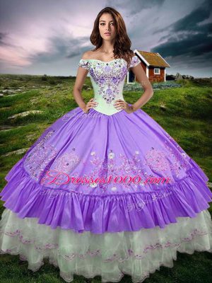 Lavender Off The Shoulder Lace Up Beading and Embroidery and Ruffled Layers Quince Ball Gowns Sleeveless