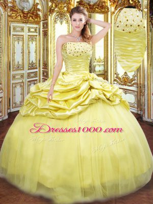 Exquisite Strapless Sleeveless Quinceanera Dresses Floor Length Beading and Pick Ups Gold Taffeta