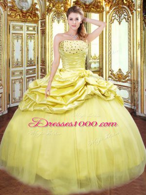 Exquisite Strapless Sleeveless Quinceanera Dresses Floor Length Beading and Pick Ups Gold Taffeta