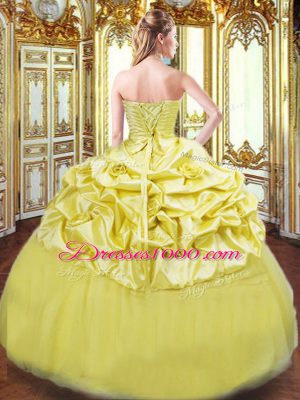 Exquisite Strapless Sleeveless Quinceanera Dresses Floor Length Beading and Pick Ups Gold Taffeta