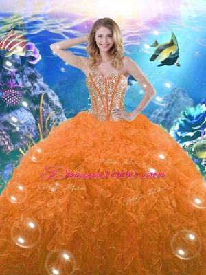 Orange Red Ball Gowns Sweetheart Sleeveless Organza Floor Length Lace Up Beading and Ruffles Sweet 16 Dress