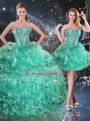 Luxurious Turquoise 15th Birthday Dress Military Ball and Sweet 16 and Quinceanera with Beading and Ruffles Sweetheart Sleeveless Lace Up