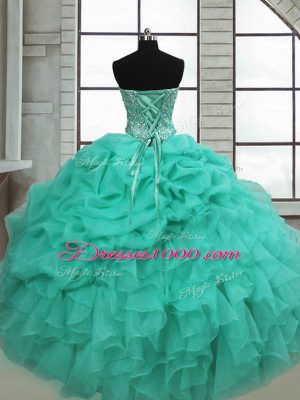 Sleeveless Organza Floor Length Lace Up Quinceanera Dresses in Turquoise with Beading and Ruffles and Pick Ups