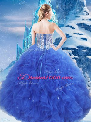 Suitable Royal Blue Organza Lace Up 15 Quinceanera Dress Sleeveless Floor Length Beading and Ruffles and Sequins