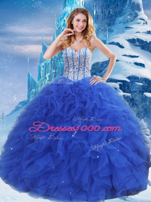 Suitable Royal Blue Organza Lace Up 15 Quinceanera Dress Sleeveless Floor Length Beading and Ruffles and Sequins