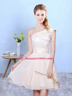 Exceptional Champagne Cap Sleeves Knee Length Appliques Lace Up Vestidos de Damas