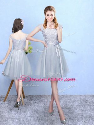 Inexpensive V-neck Cap Sleeves Quinceanera Court of Honor Dress Knee Length Lace Silver Tulle