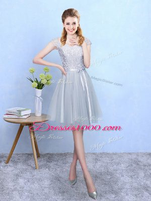 Inexpensive V-neck Cap Sleeves Quinceanera Court of Honor Dress Knee Length Lace Silver Tulle