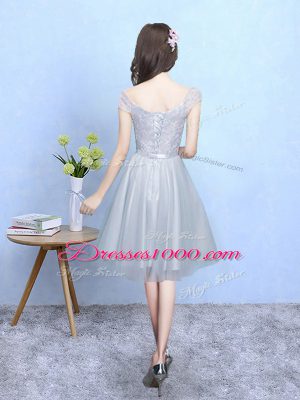 Inexpensive V-neck Cap Sleeves Quinceanera Court of Honor Dress Knee Length Lace Silver Tulle