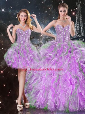 Floor Length Lilac Quince Ball Gowns Organza Sleeveless Beading and Ruffles