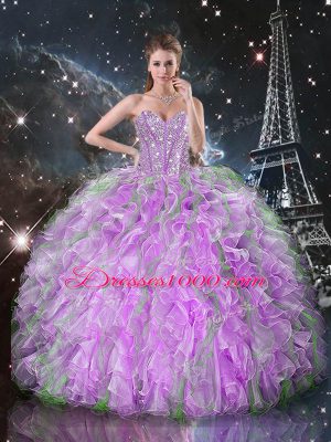 Floor Length Lilac Quince Ball Gowns Organza Sleeveless Beading and Ruffles