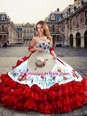 Chic Sleeveless Organza and Taffeta Floor Length Lace Up Quinceanera Gown in White And Red with Embroidery and Ruffled Layers