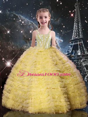 Modern Sleeveless Floor Length Beading and Ruffled Layers Lace Up Pageant Gowns For Girls with Champagne