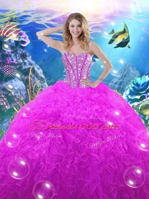 Captivating Fuchsia Sweetheart Lace Up Beading and Ruffles Sweet 16 Dress Sleeveless