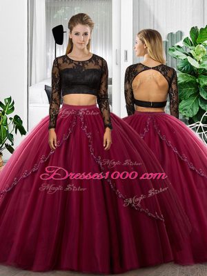 Custom Fit Long Sleeves Floor Length Lace and Ruching Backless Quince Ball Gowns with Fuchsia