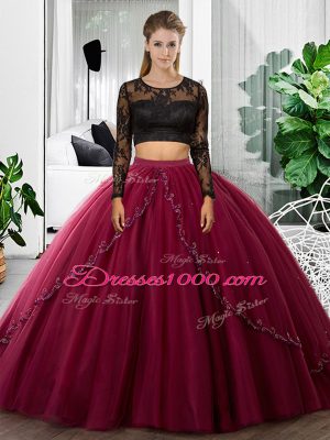 Custom Fit Long Sleeves Floor Length Lace and Ruching Backless Quince Ball Gowns with Fuchsia