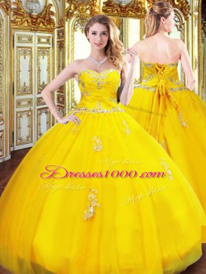 Chic Sweetheart Sleeveless 15 Quinceanera Dress Floor Length Beading and Appliques Gold Organza