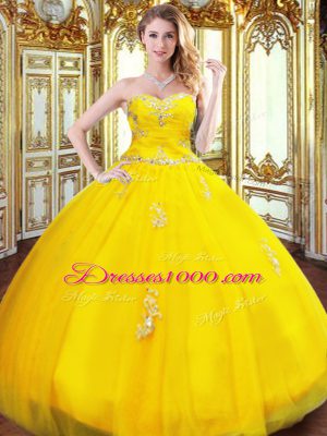 Chic Sweetheart Sleeveless 15 Quinceanera Dress Floor Length Beading and Appliques Gold Organza