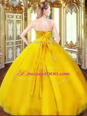 Chic Sweetheart Sleeveless 15 Quinceanera Dress Floor Length Beading and Appliques Gold Organza