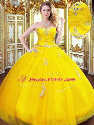 Chic Sweetheart Sleeveless 15 Quinceanera Dress Floor Length Beading and Appliques Gold Organza