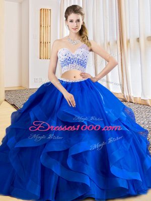 Fitting Tulle One Shoulder Sleeveless Criss Cross Beading and Ruffles Ball Gown Prom Dress in Royal Blue