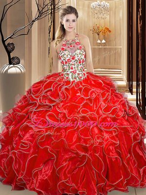 High End Coral Red Scoop Backless Embroidery and Ruffles Sweet 16 Quinceanera Dress Sleeveless