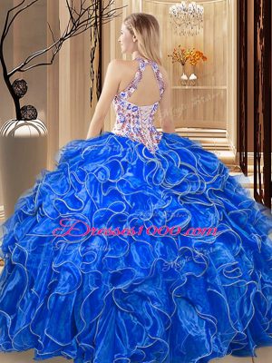 High End Coral Red Scoop Backless Embroidery and Ruffles Sweet 16 Quinceanera Dress Sleeveless