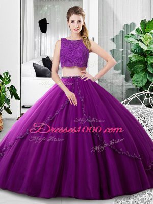 Vintage Two Pieces Quinceanera Gown Purple Scoop Tulle Sleeveless Floor Length Zipper