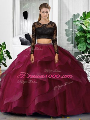 Scoop Long Sleeves 15th Birthday Dress Floor Length Lace and Ruffles Fuchsia Tulle