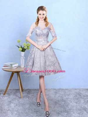 Popular Knee Length Lace Up Vestidos de Damas Grey for Prom and Party with Appliques