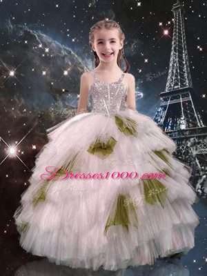 White Straps Neckline Beading and Ruffled Layers Little Girls Pageant Dress Wholesale Sleeveless Lace Up