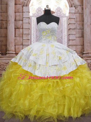 Yellow And White Ball Gowns Beading and Appliques and Ruffles Ball Gown Prom Dress Lace Up Organza Sleeveless