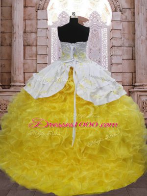 Yellow And White Ball Gowns Beading and Appliques and Ruffles Ball Gown Prom Dress Lace Up Organza Sleeveless