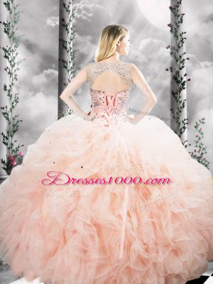 New Arrival Peach Quinceanera Gowns Military Ball and Sweet 16 and Quinceanera with Beading and Ruffles Straps Sleeveless Lace Up