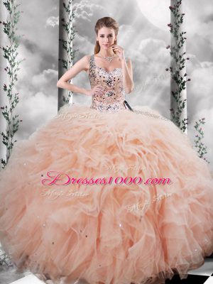 New Arrival Peach Quinceanera Gowns Military Ball and Sweet 16 and Quinceanera with Beading and Ruffles Straps Sleeveless Lace Up