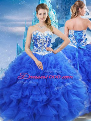 Organza Sweetheart Sleeveless Lace Up Beading and Ruffles Ball Gown Prom Dress in Blue