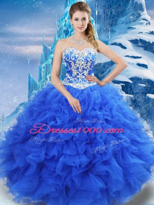 Organza Sweetheart Sleeveless Lace Up Beading and Ruffles Ball Gown Prom Dress in Blue